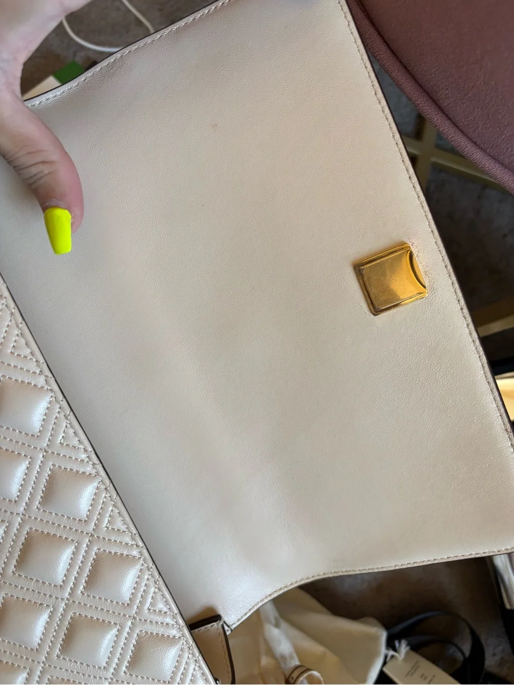 Tory Burch Cream Quilted Leather Shoulder Bag with Tassel and Gold Chain
